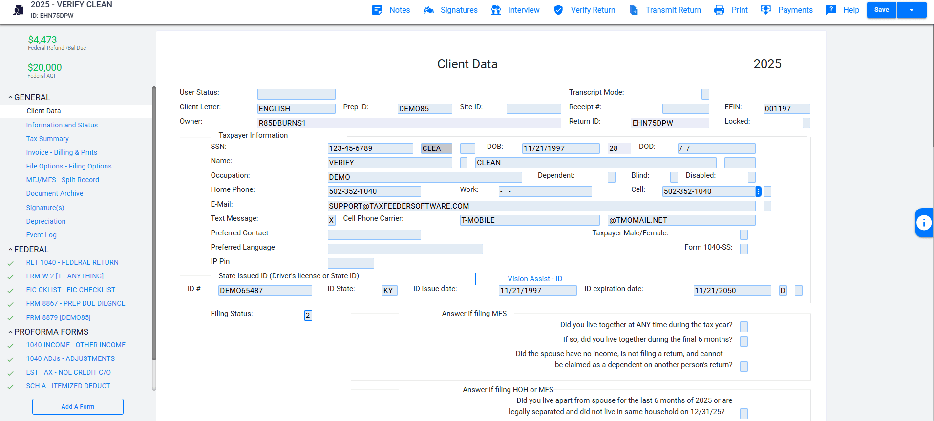 TaxFeeder CLO Client Data screen